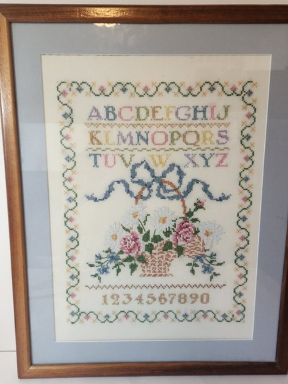 Large Vintage Framed Cross Stitch‎ Sampler Alphabet Floral Basket Wood 18x24